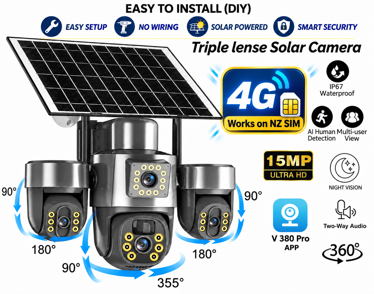 15MP Triple-Lens 4G ( Works on NZ Sim) Solar PTZ Security Camera with AI Detection & V380 Pro - Univercell