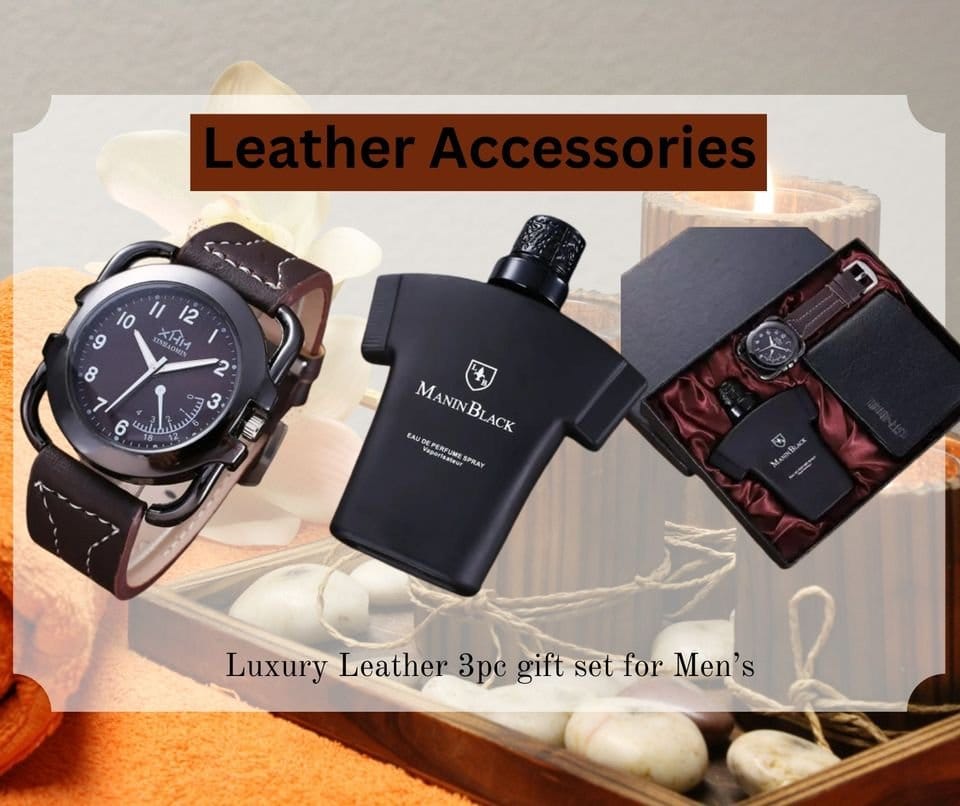 Valentines Day Special 3PC Gift set Leather wallet, Watch n Perfume for Men's - Univercell