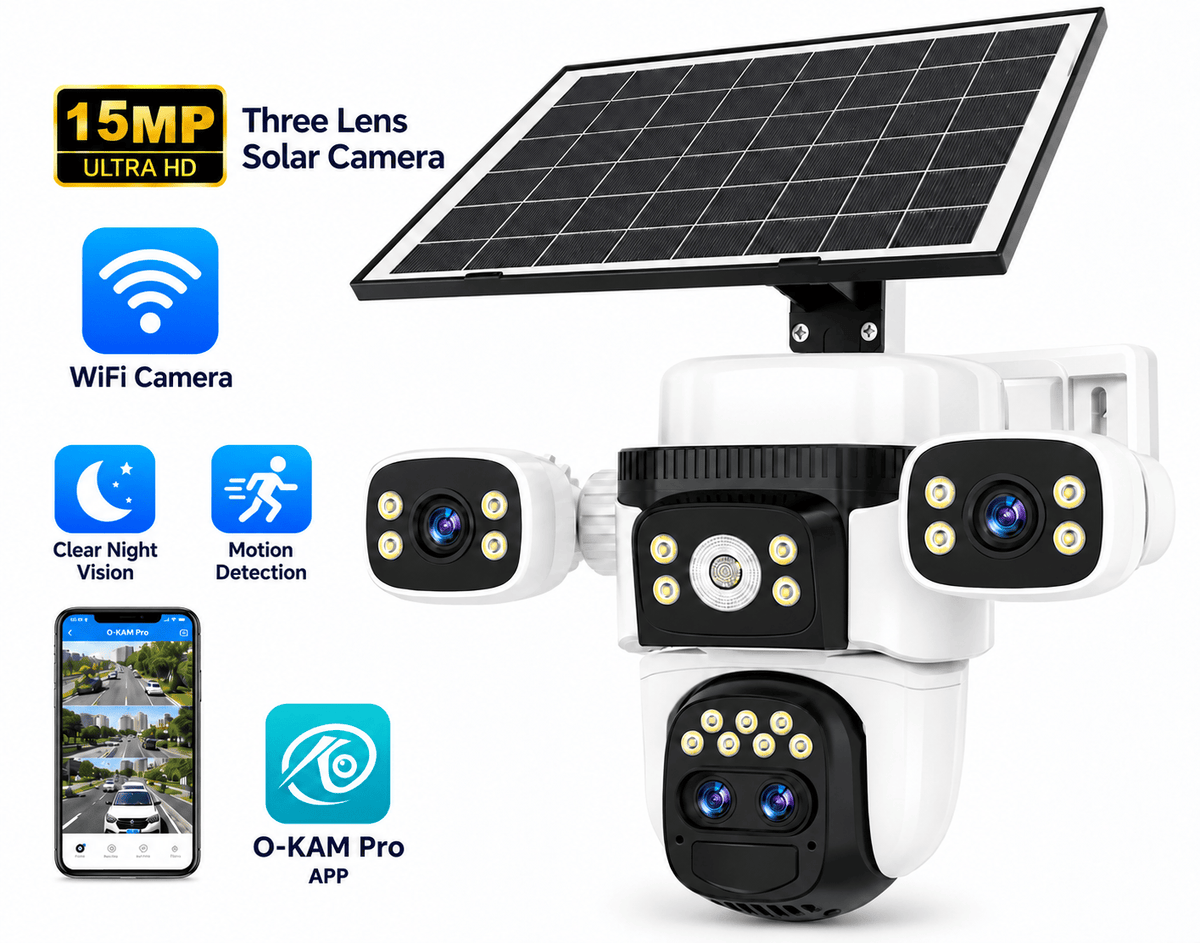 15MP Triple-Lens Solar WiFi PTZ Security Camera with AI Detection & O-KAM Pro App - Univercell