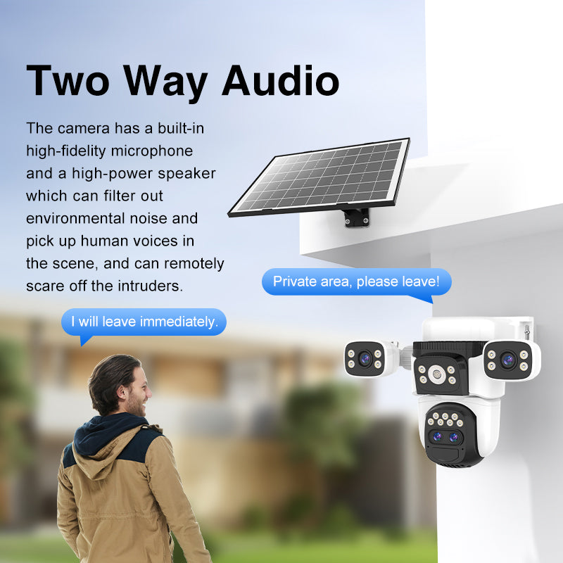 12MP 4G Sim Card 4 Lenses 360° Solar Powered PTZ CCTV Camera, AI Human Detection