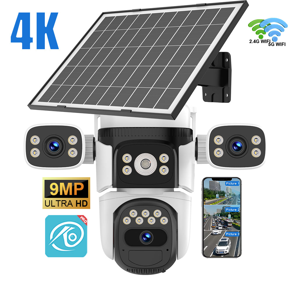9MP Dual Band WiFi 360° Solar Powered PTZ CCTV Camera 3 Lenses, Human Detection