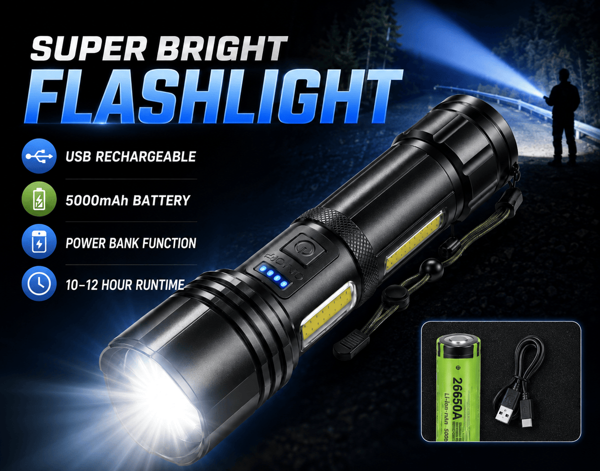 Super Bright Rechargeable LED Flashlight Torch– 5000mAh, 7 Light Modes - Univercell