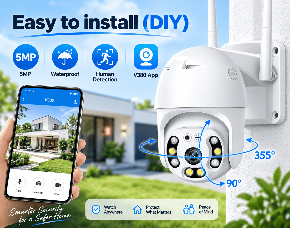 5MP WiFi PTZ Security Camera with AI Human Tracking, Two-Way Audio & V380 Pro Aap - Univercell