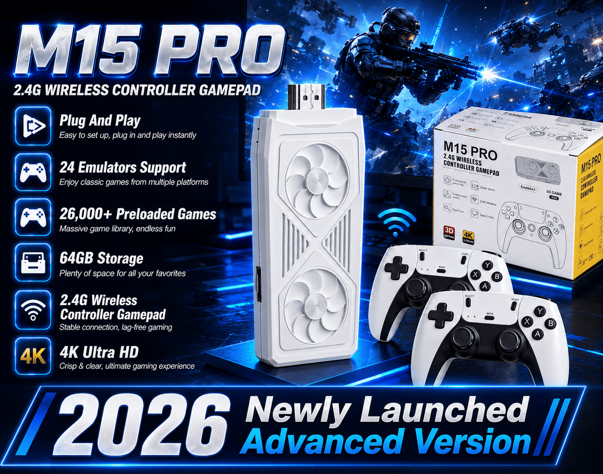 M15 Pro Retro Game Stick 64GB – 26,000+ Games, 24 Emulators, Dual Controllers - Univercell