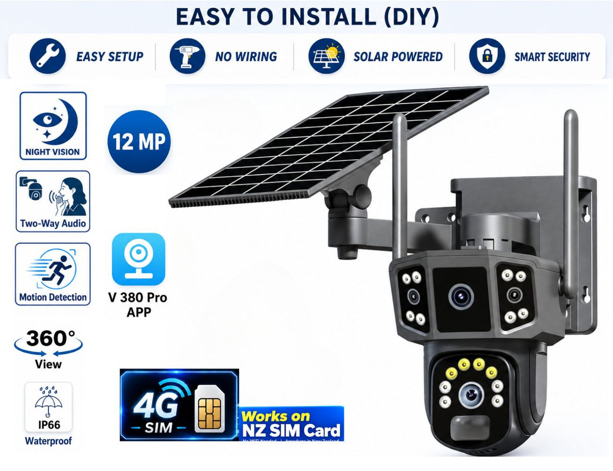 12MP 4G Solar PTZ Security CCTV Camera Works on NZ SIM, 360° V380 Pro ,Human Detection