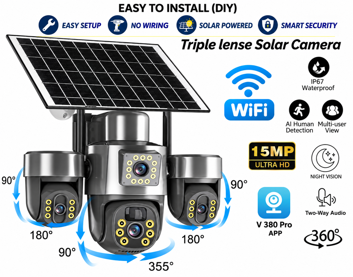 15MP Triple-Lens Solar WiFi PTZ Security Camera with AI Detection &amp; Two-Way Audio