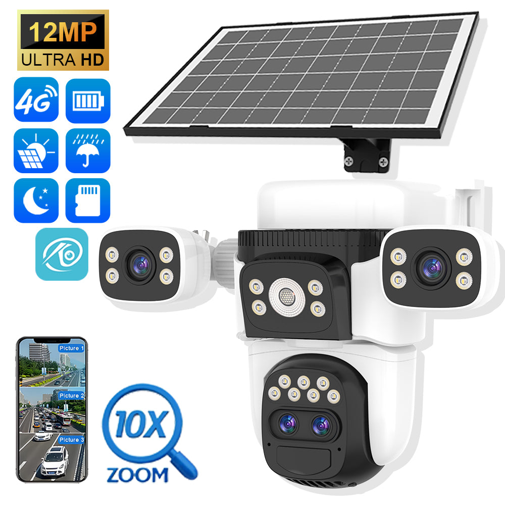 12MP 4G Sim Card 4 Lenses 360° Solar Powered PTZ CCTV Camera, AI Human Detection