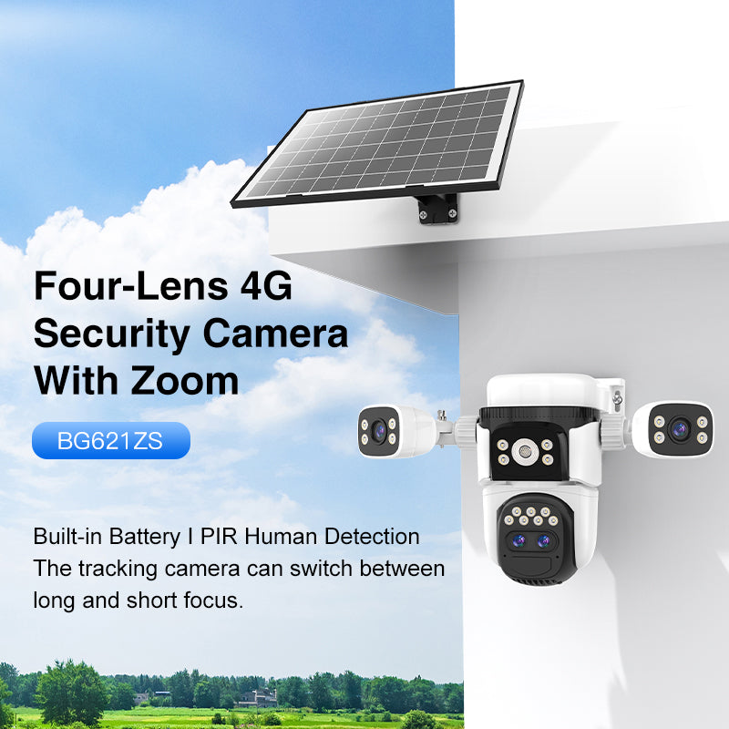 12MP 4G Sim Card 4 Lenses 360° Solar Powered PTZ CCTV Camera, AI Human Detection