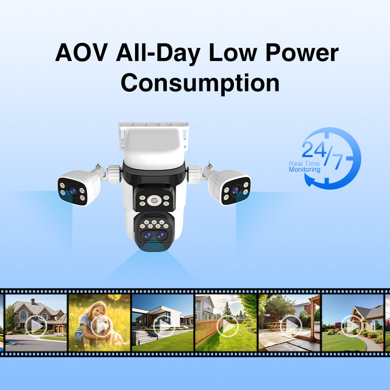 12MP 4G Sim Card 4 Lenses 360° Solar Powered PTZ CCTV Camera, AI Human Detection