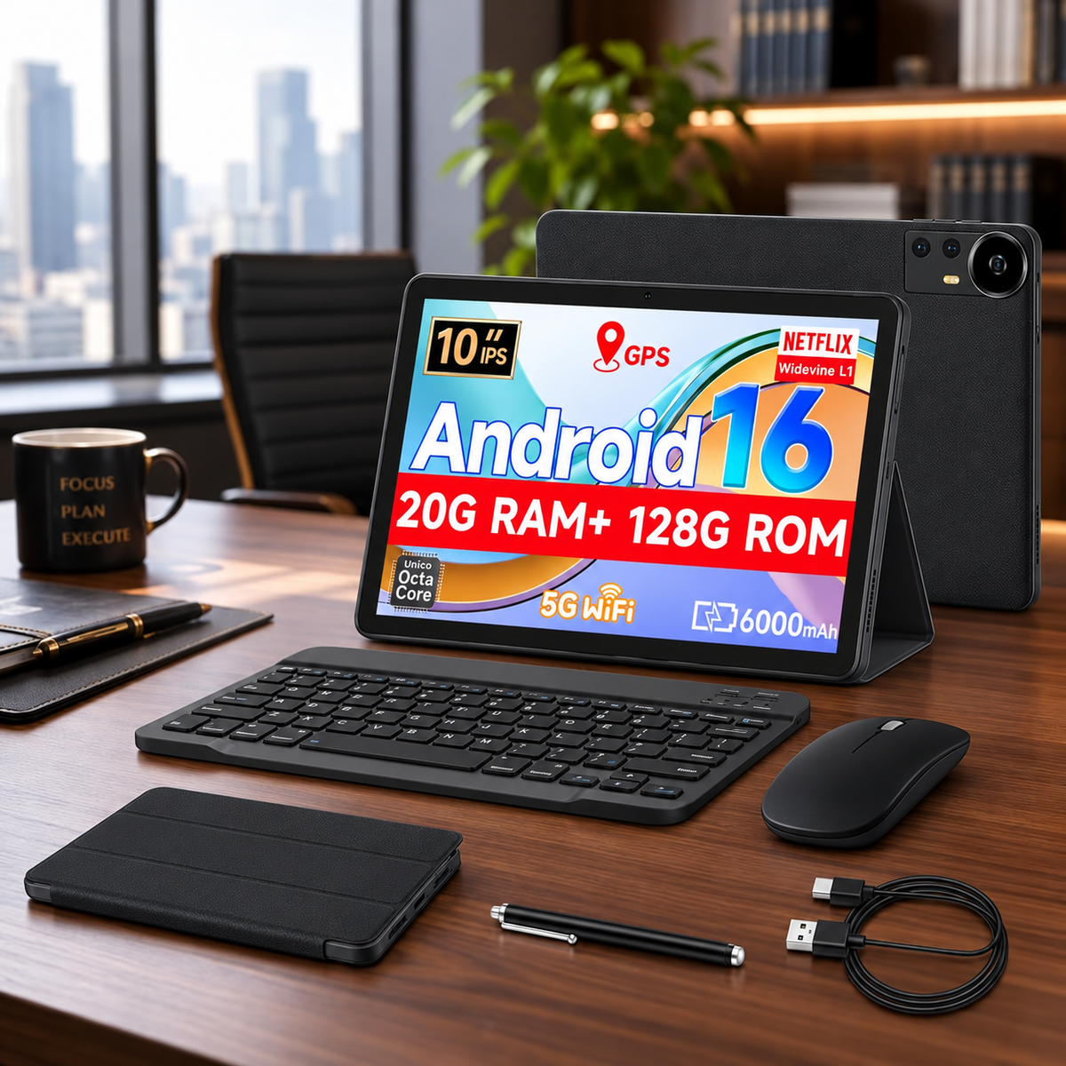 10.1" Android 16 Tablet 128GB, 5G WiFi, Keyboard, Mouse & Stylus Bundle With Protective case