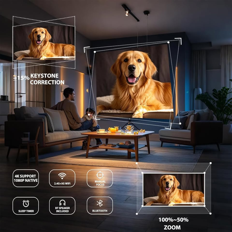 Smart WiFi 4K 1080P Projector, 600ANSI, Auto Keystone, 270° Rotation, Bluetooth & Apps - Univercell