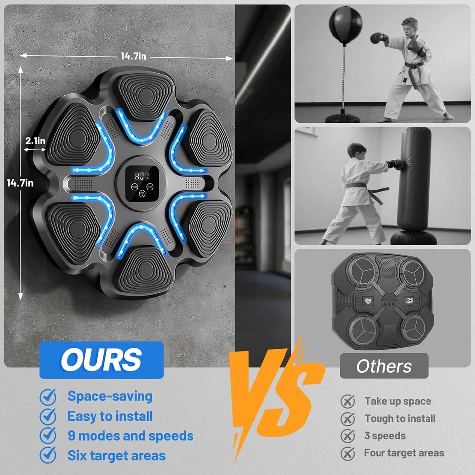 Music Boxing Machine Wall-Mounted Bluetooth Punching Trainer + Gloves with LED