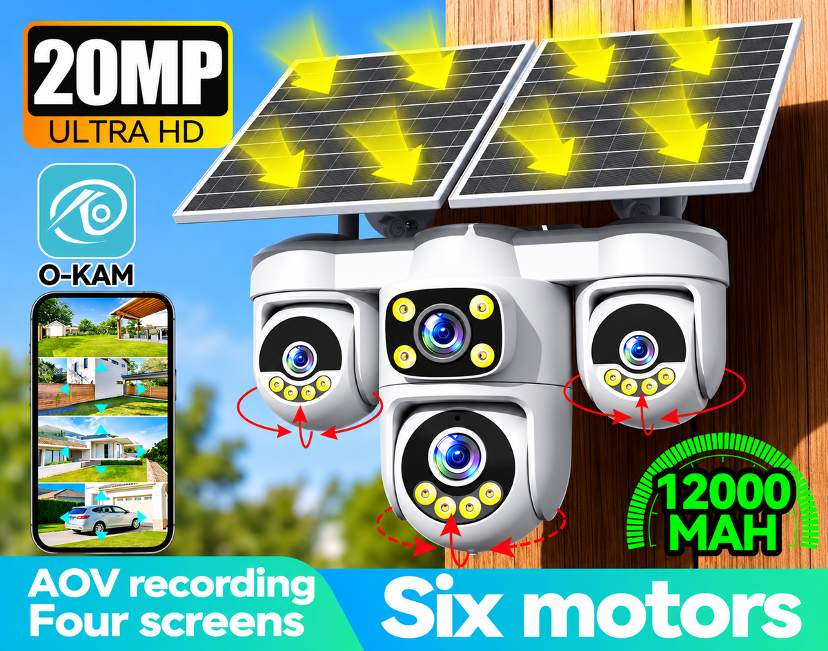 20MP 4G SIM (Works On NZ SIM) Solar 4-Lens PTZ Security Camera 12000mAh with 4-Screen View