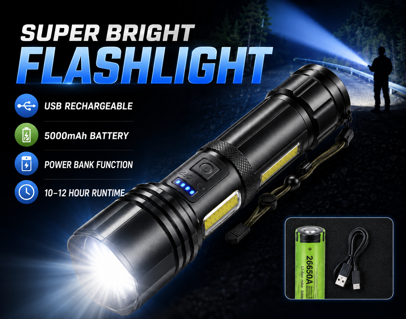 Super Bright Rechargeable LED Flashlight Torch– 5000mAh, 7 Light Modes