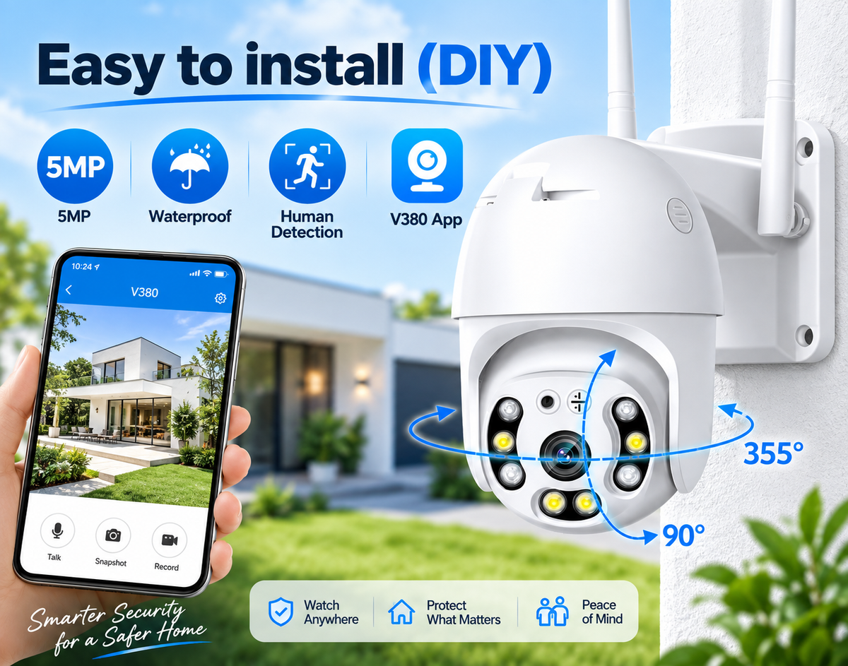 5MP WiFi PTZ Security Camera with AI Human Tracking, Two-Way Audio & V380 Pro Aap