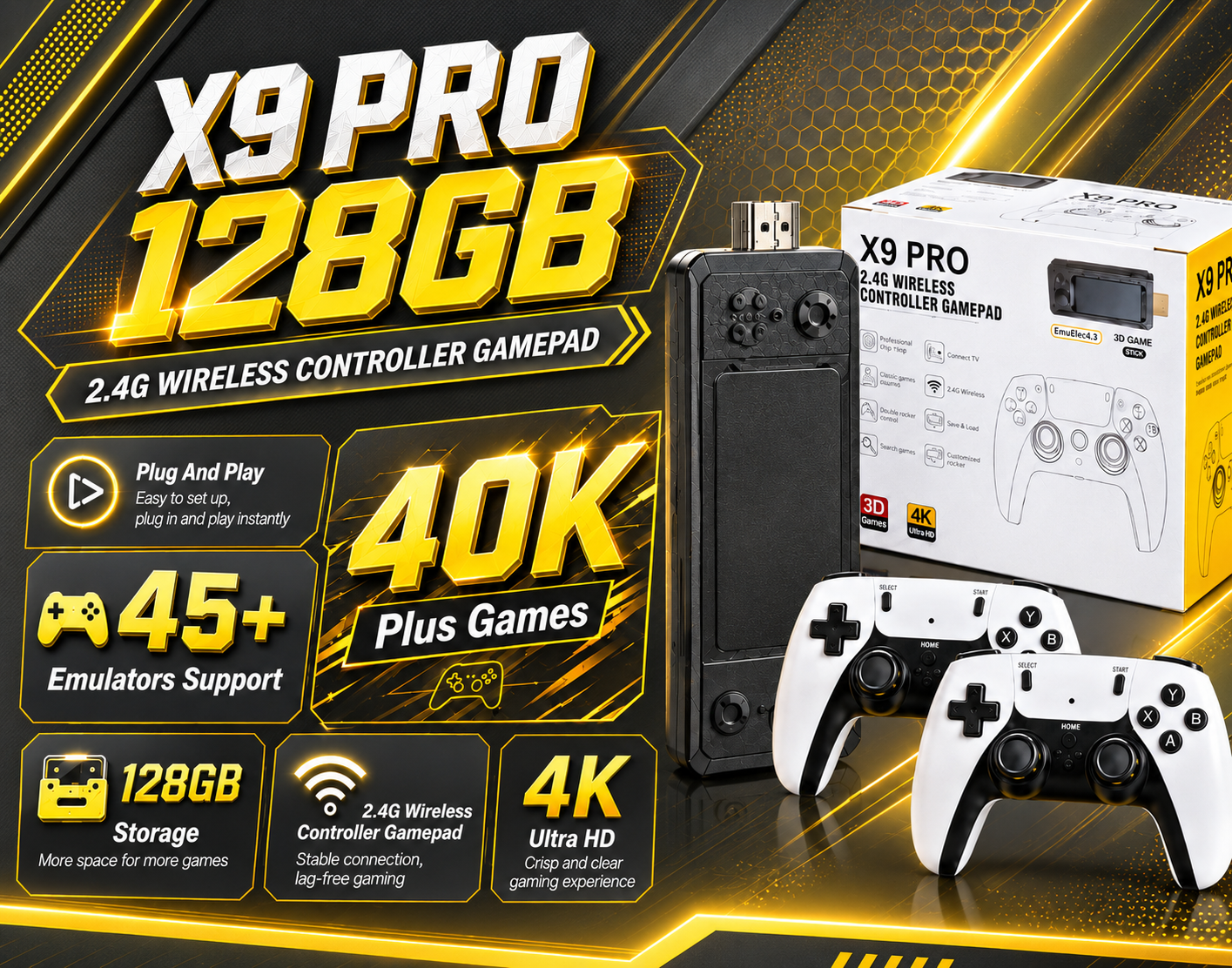 New Upgraded Version X9 PRO Retro Game Stick 128GB– 40,000+ Games,45+ Emulators