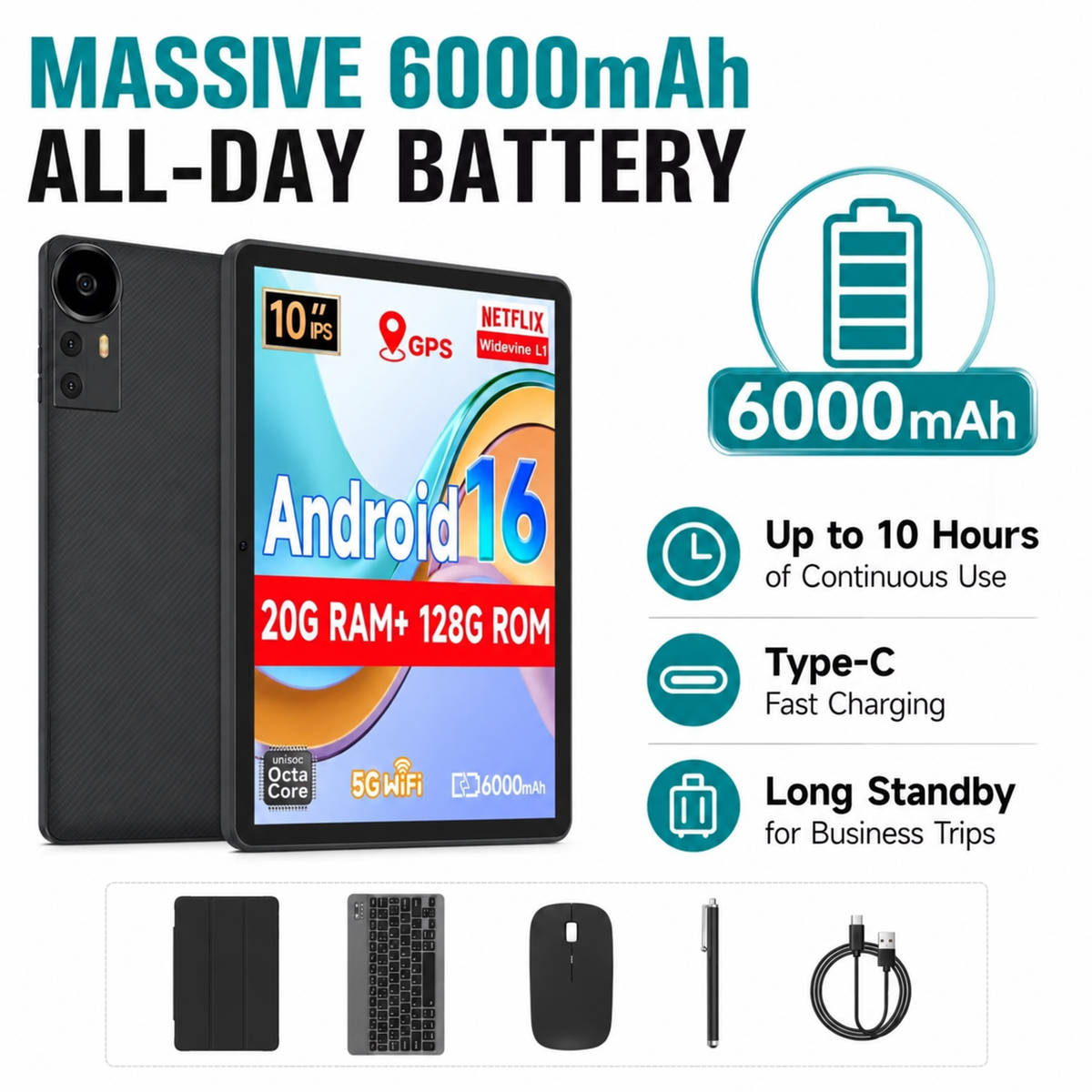 10.1" Android 16 Tablet 128GB, 5G WiFi, Keyboard, Mouse & Stylus Bundle With Protective case