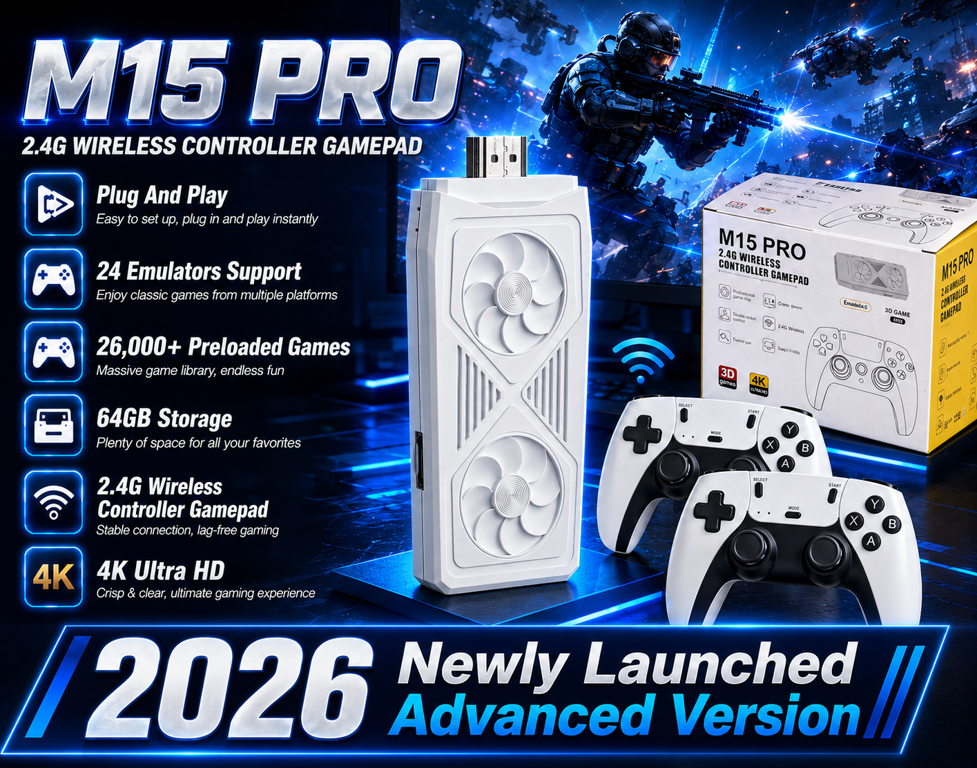M15 Pro Retro Game Stick 64GB – 26,000+ Games, 24 Emulators, Dual Controllers