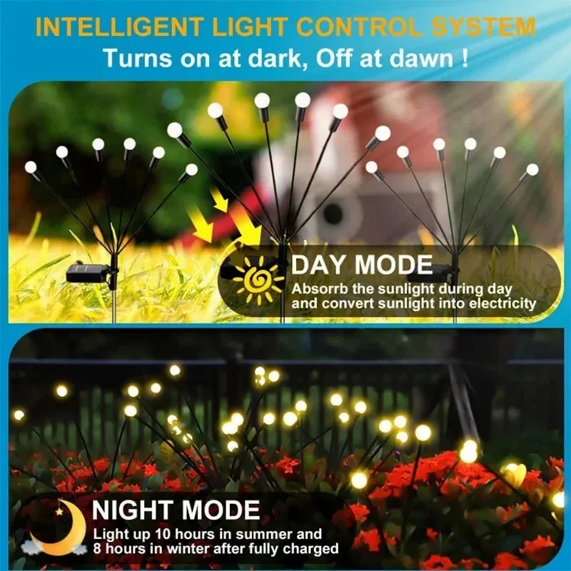 Solar Firefly Garden Lights 8 LED Heads, Waterproof Outdoor Decorative Light