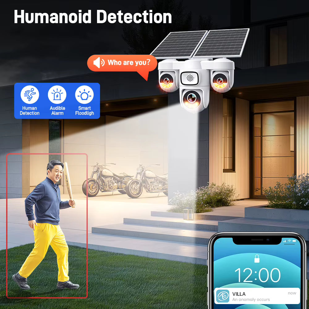 15MP Triple-Lens 4G Solar PTZ Security Camera 12000mAh AOV, Human Detection, Waterproof