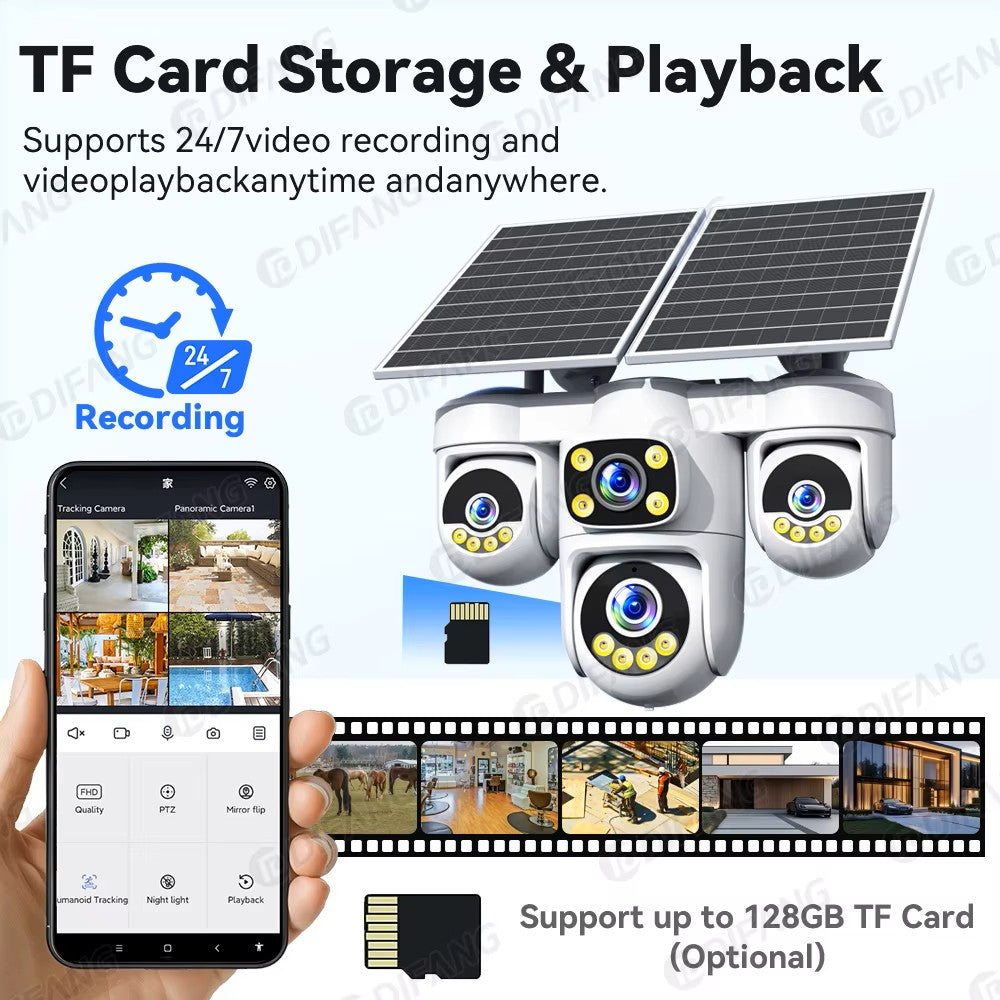 20MP 4G SIM (Works On NZ SIM) Solar 4-Lens PTZ Security Camera 12000mAh with 4-Screen View