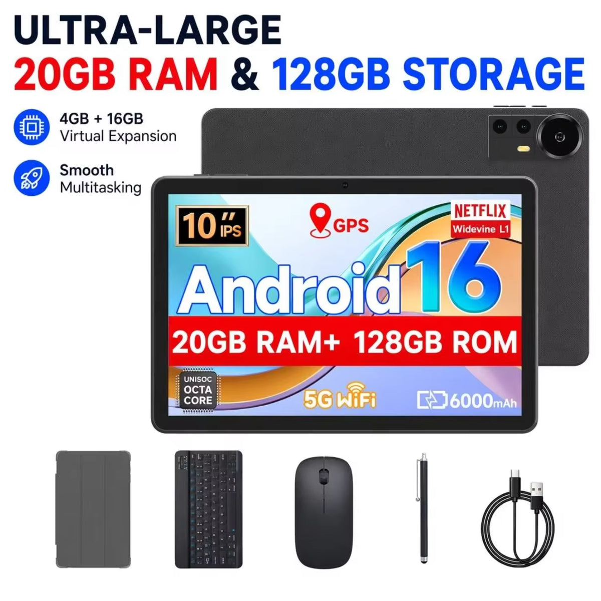 10.1" Android 16 Tablet 128GB, 5G WiFi, Keyboard, Mouse & Stylus Bundle With Protective case