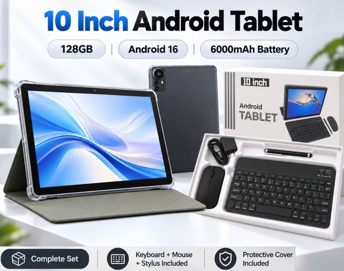 10.1" Android 16 Tablet 128GB, 5G WiFi, Keyboard, Mouse & Stylus Bundle With Protective case