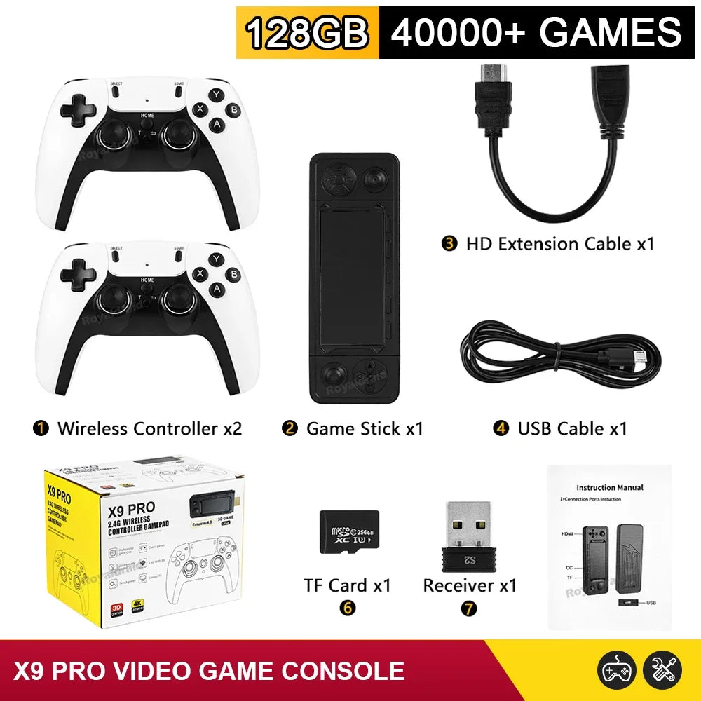 NEW 128G X9 PRO TV Video Game Console Retro Game Stick 45+ Emulator For PS1/PSP/NDS/N64 40000+ Family Games w 2.4G Dual Controll - Univercell