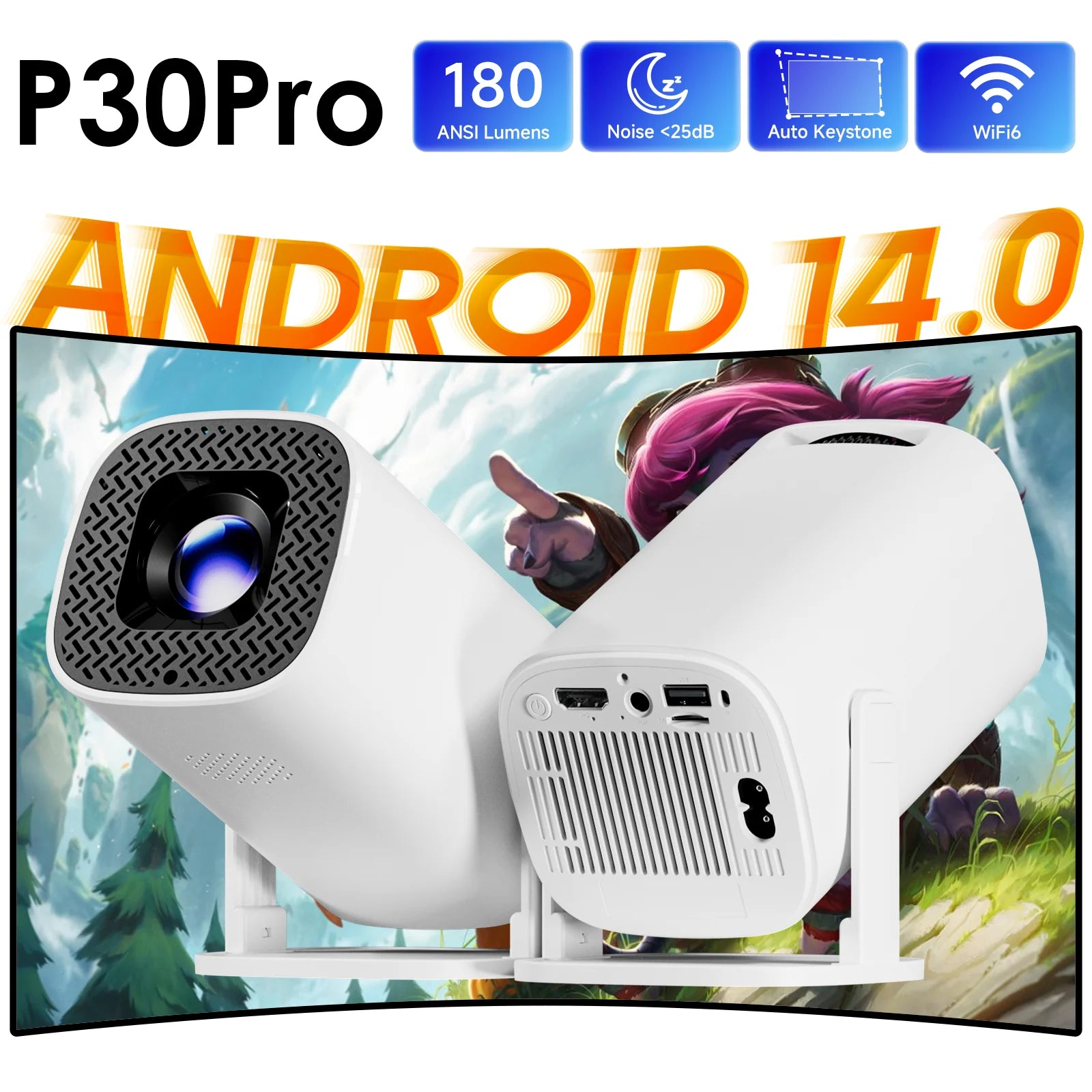 P30PRO Smart Mini Projector Android 14 WiFi6 BT 5.0 Support 4K 1280*720P Smart Home Cinema Outdoor Portable Projector - Univercell