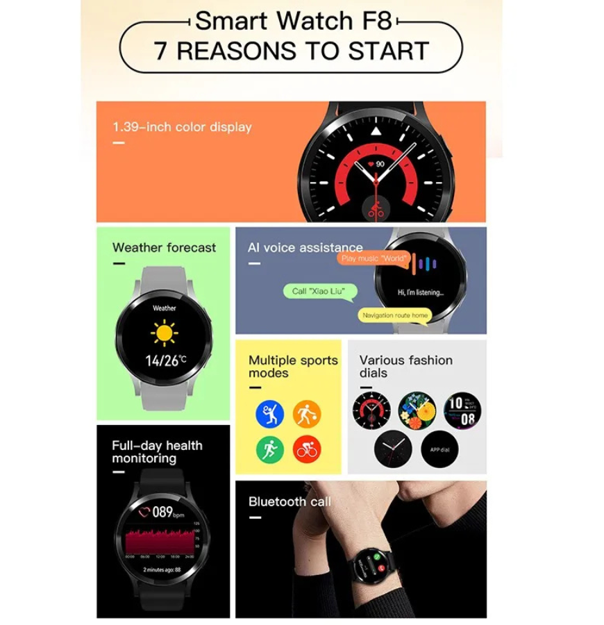 F8 Smart Watch 1.93" HD Touchscreen – Bluetooth Call, Heart Rate & Sleep Monitor, IP67 Waterproof, Multi-Sport Mode (Men & Women) - Univercell