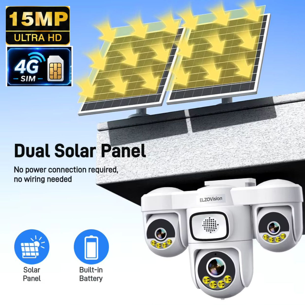 15MP Triple-Lens 4G Solar PTZ Security Camera 12000mAh AOV, Human Detection, Waterproof