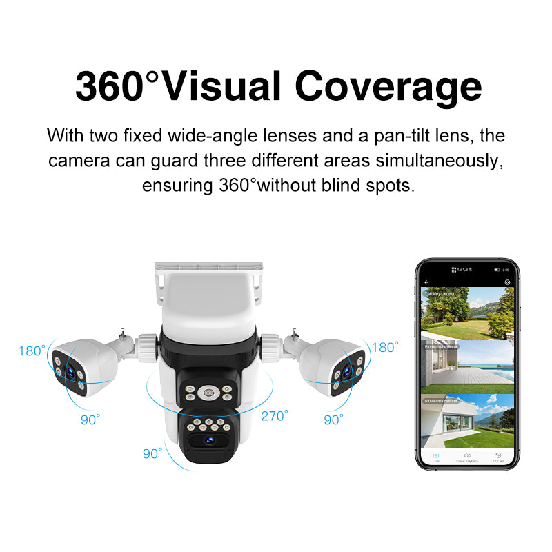 9MP Dual Band WiFi 360° Solar Powered PTZ CCTV Camera 3 Lenses, Human Detection