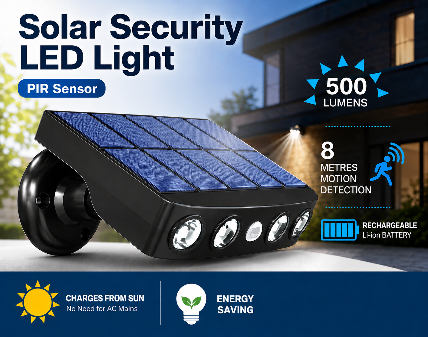 Solar Security LED Light, PIR Sensor ,1000mAh Rechargeable Battery