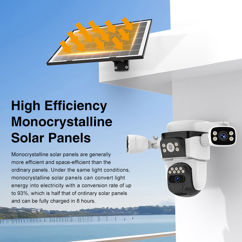 9MP Dual Band WiFi 360° Solar Powered PTZ CCTV Camera 3 Lenses, Human Detection