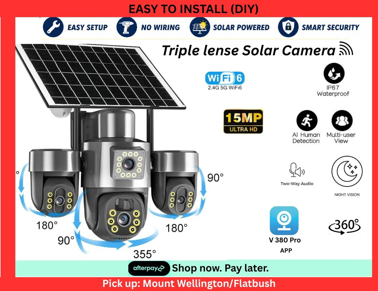 15MP 3-Lens PTZ WiFi Solar Security Camera with AI Human Detection
