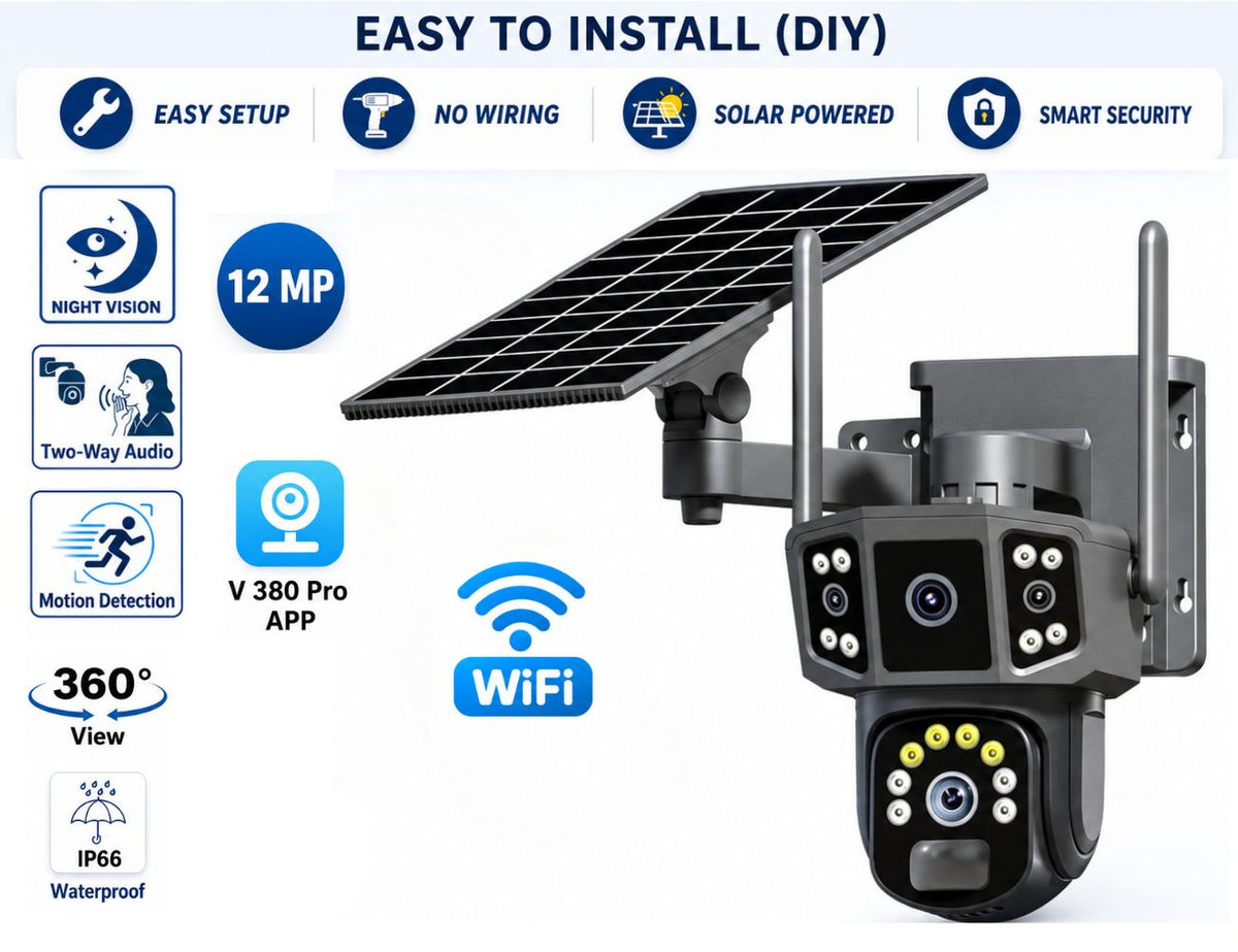 12MP Solar WiFi PTZ Security Camera 360° V380 Pro, Night Vision & Two-Way Audio